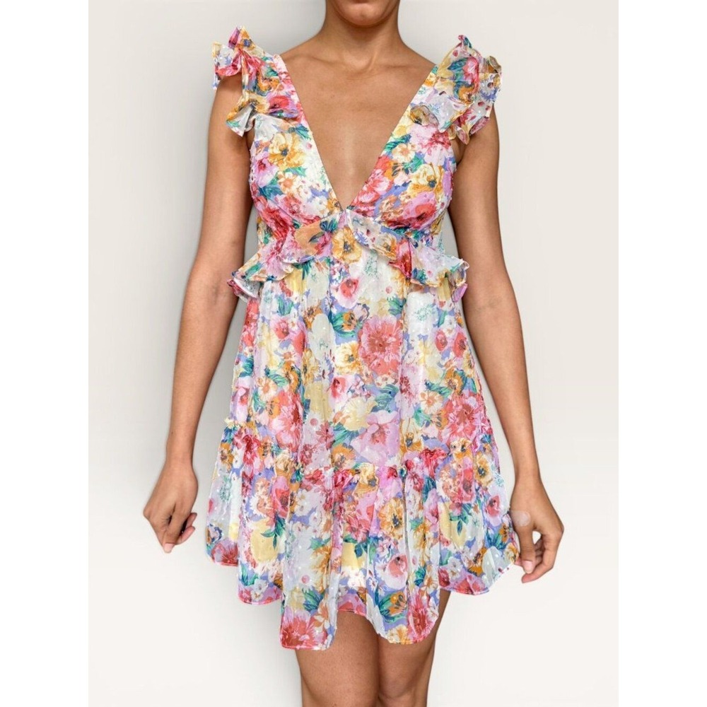 AQUA Floral Ruffle Mini Dress XS Babydoll Cottagecore Coquette Fairy Boho NWOT